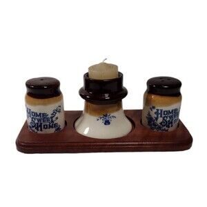 Vintage Ceramic Crock Salt Pepper Shakers Votive Candle Holder W/ Wood Base